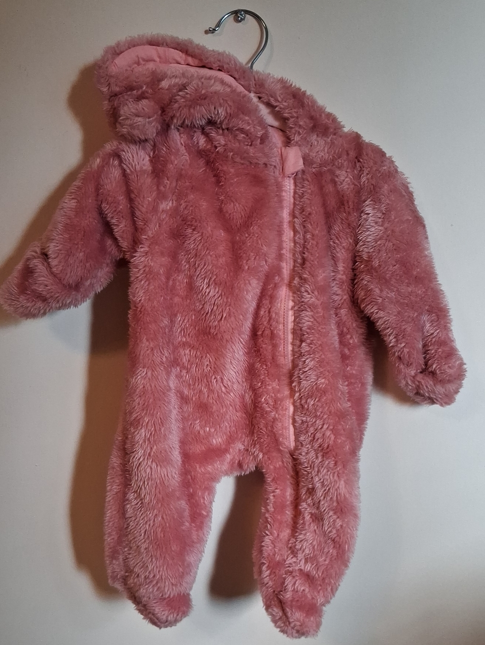 Plush Hooded Infant One-Piece Romper - Dusty Rose